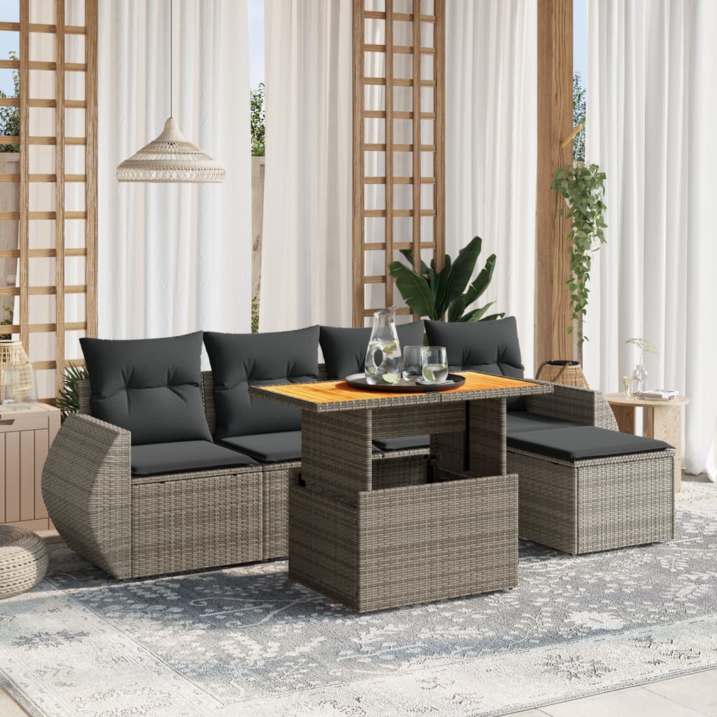 6-tlg. Garten-Sofagarnitur mit Kissen Grau Poly Rattan