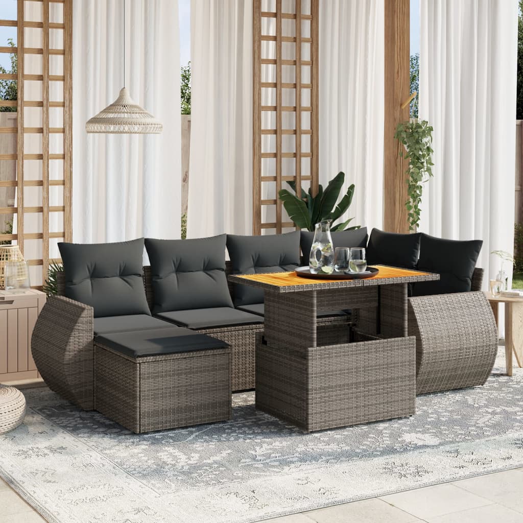 7-tlg. Garten-Sofagarnitur mit Kissen Grau Poly Rattan
