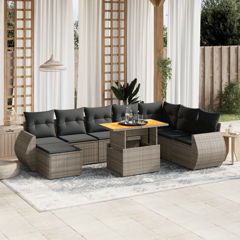 9-tlg. Garten-Sofagarnitur mit Kissen Grau Poly Rattan