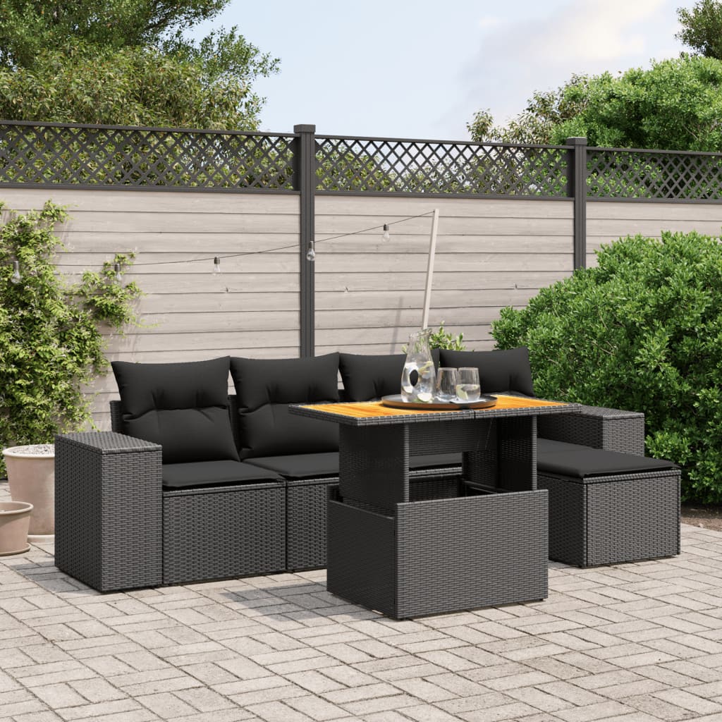 6-tlg. Garten-Sofagarnitur mit Kissen Schwarz Poly Rattan