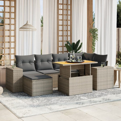 7-tlg. Garten-Sofagarnitur mit Kissen Grau Poly Rattan