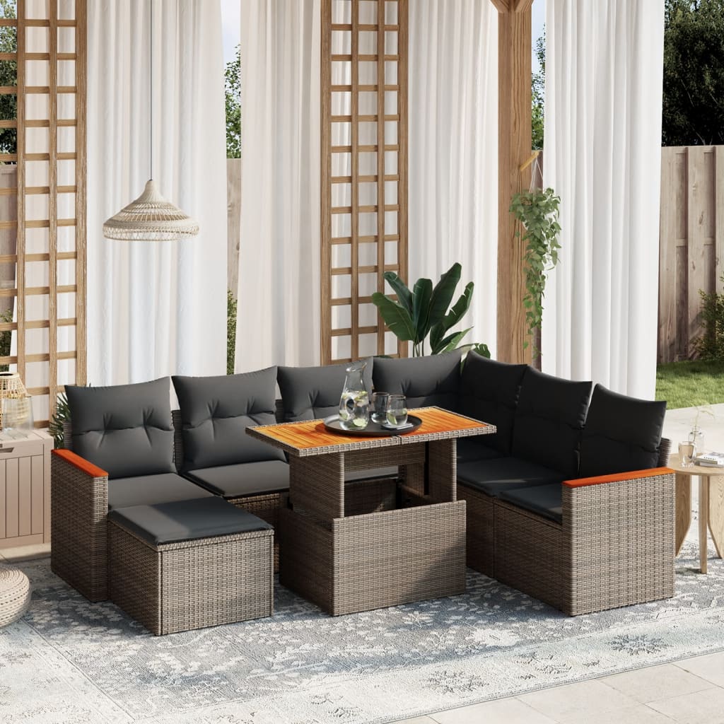 8-tlg. Garten-Sofagarnitur mit Kissen Grau Poly Rattan