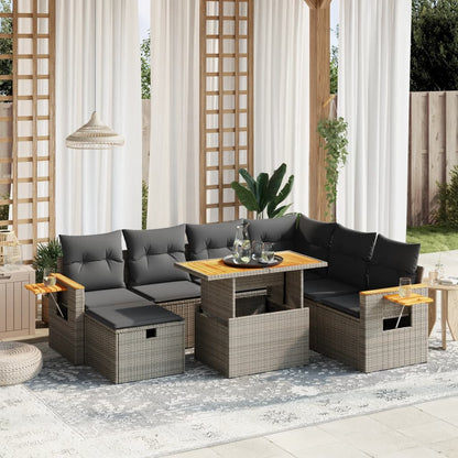 8-tlg. Garten-Sofagarnitur mit Kissen Grau Poly Rattan