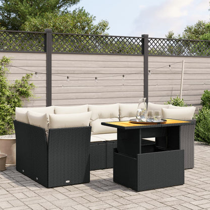 7-tlg. Garten-Sofagarnitur mit Kissen Schwarz Poly Rattan