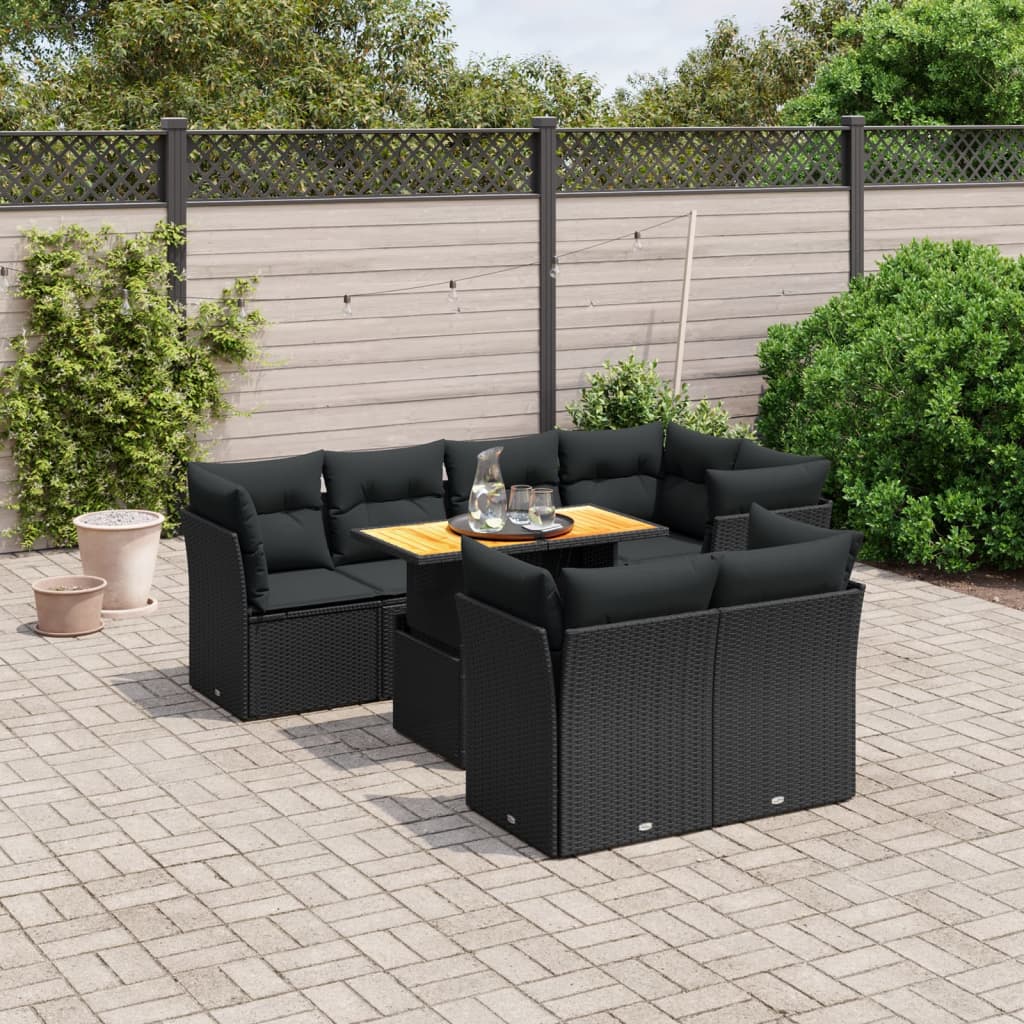 8-tlg. Garten-Sofagarnitur mit Kissen Schwarz Poly Rattan