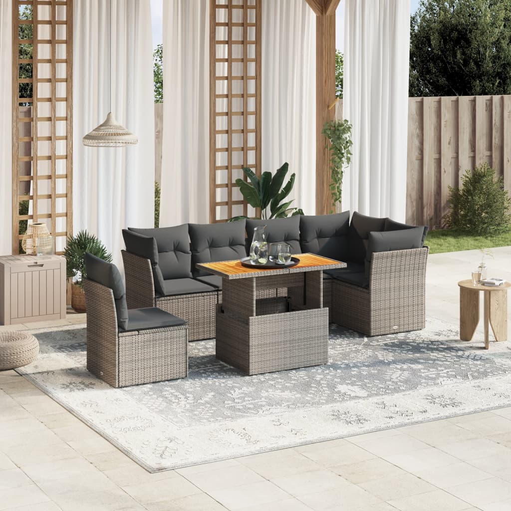 7-tlg. Garten-Sofagarnitur mit Kissen Grau Poly Rattan