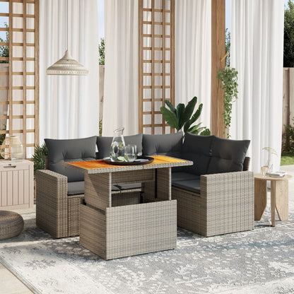 5-tlg. Garten-Sofagarnitur mit Kissen Grau Poly Rattan