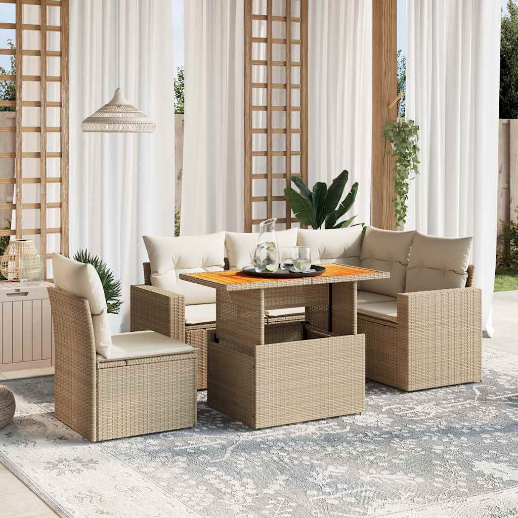 6-tlg. Garten-Sofagarnitur mit Kissen Beige Poly Rattan