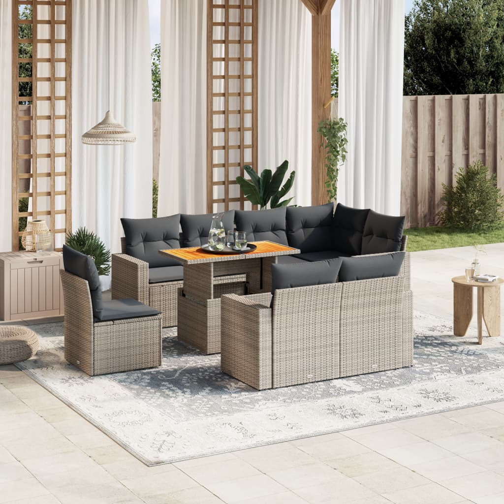 9-tlg. Garten-Sofagarnitur mit Kissen Grau Poly Rattan