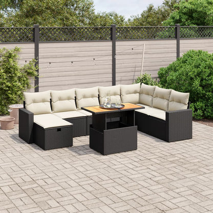 9-tlg. Garten-Sofagarnitur mit Kissen Schwarz Poly Rattan