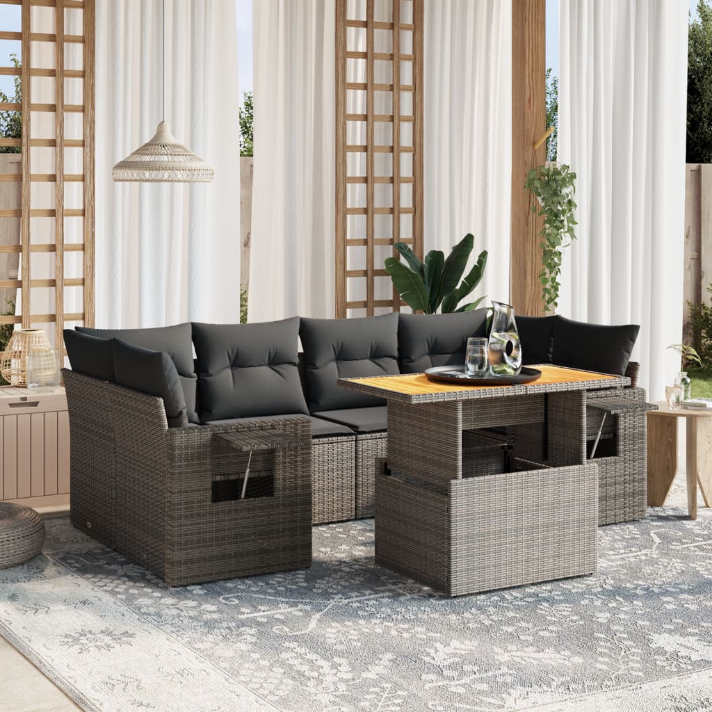 7-tlg. Garten-Sofagarnitur mit Kissen Grau Poly Rattan