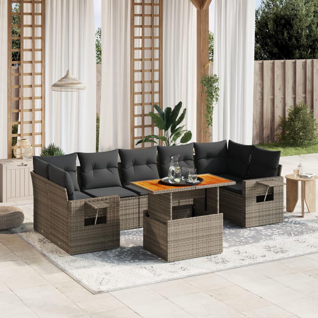 8-tlg. Garten-Sofagarnitur mit Kissen Grau Poly Rattan