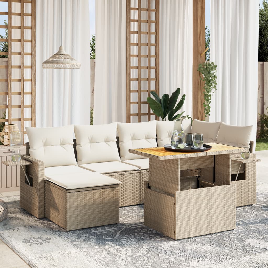 7-tlg. Garten-Sofagarnitur mit Kissen Beige Poly Rattan