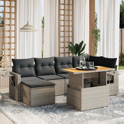 7-tlg. Garten-Sofagarnitur mit Kissen Grau Poly Rattan