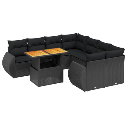 9-tlg. Garten-Sofagarnitur mit Kissen Schwarz Poly Rattan