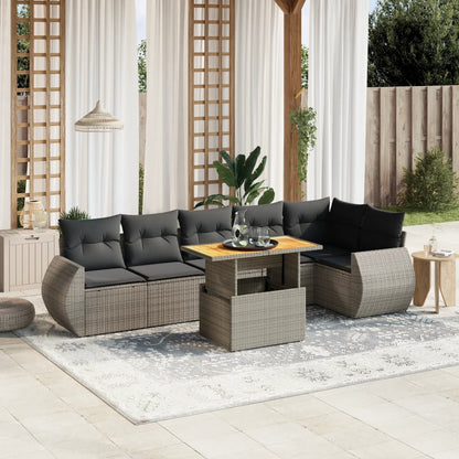 7-tlg. Garten-Sofagarnitur mit Kissen Grau Poly Rattan