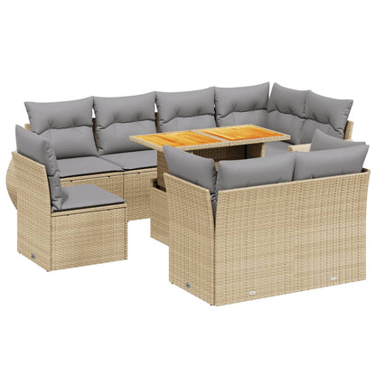 9-tlg. Garten-Sofagarnitur mit Kissen Beige Poly Rattan