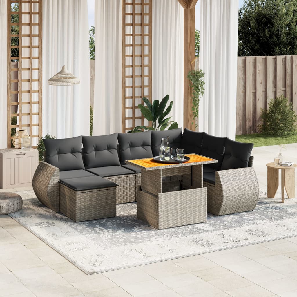8-tlg. Garten-Sofagarnitur mit Kissen Grau Poly Rattan