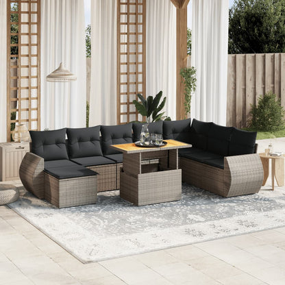 9-tlg. Garten-Sofagarnitur mit Kissen Grau Poly Rattan
