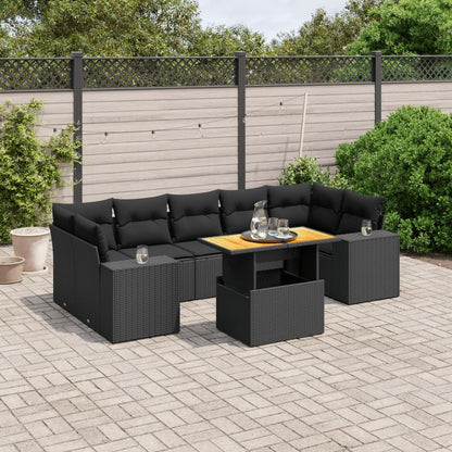 8-tlg. Garten-Sofagarnitur mit Kissen Schwarz Poly Rattan