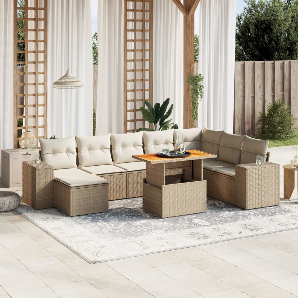 9-tlg. Garten-Sofagarnitur mit Kissen Beige Poly Rattan