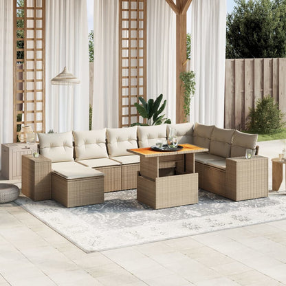 9-tlg. Garten-Sofagarnitur mit Kissen Beige Poly Rattan