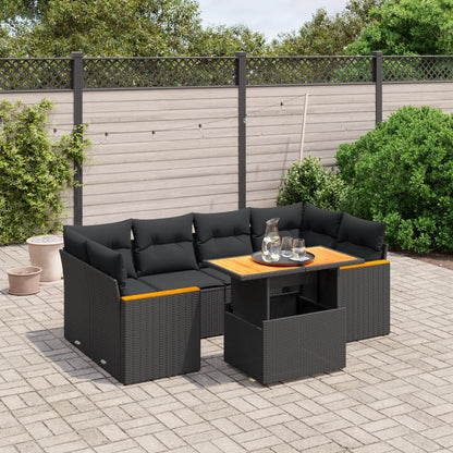7-tlg. Garten-Sofagarnitur mit Kissen Schwarz Poly Rattan