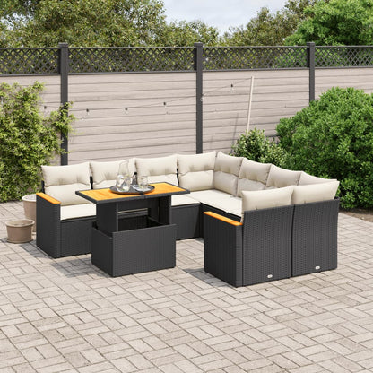 9-tlg. Garten-Sofagarnitur mit Kissen Schwarz Poly Rattan