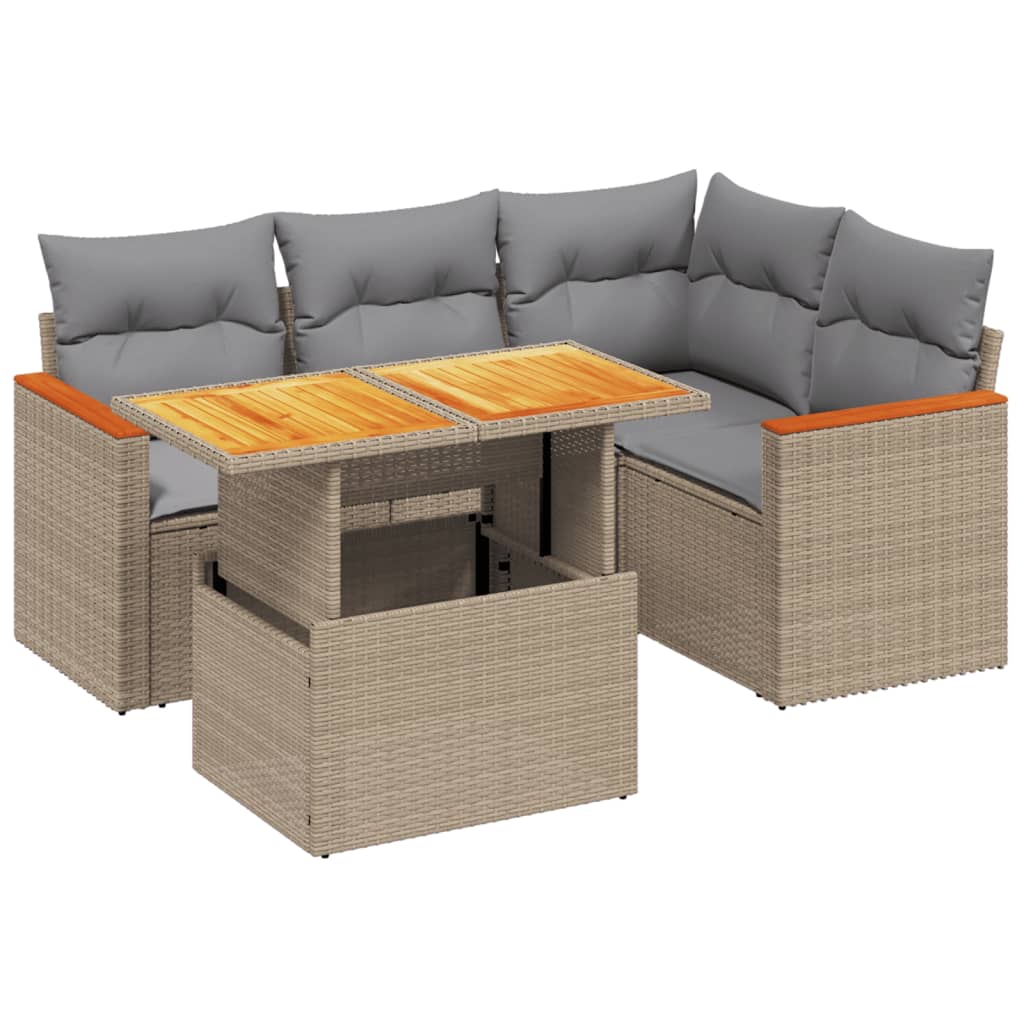 5-tlg. Garten-Sofagarnitur mit Kissen Beige Poly Rattan