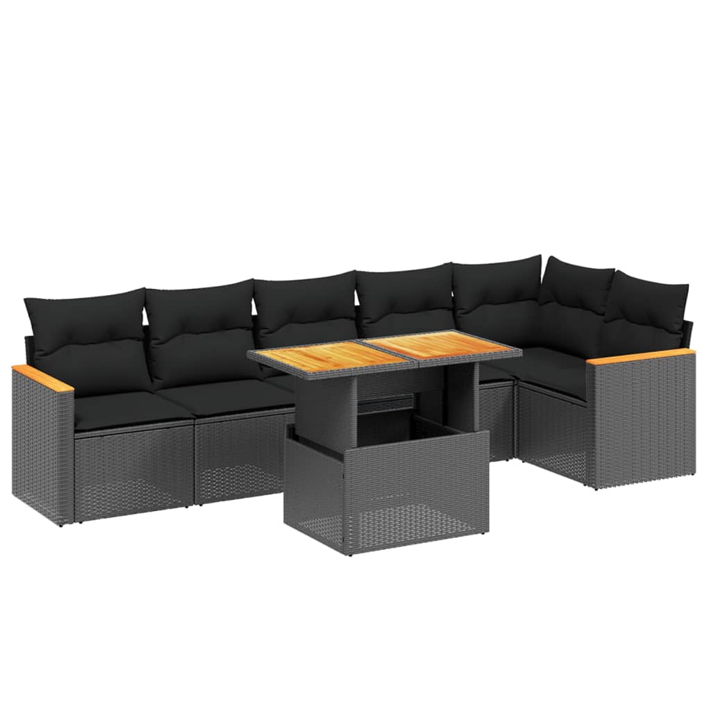 7-tlg. Garten-Sofagarnitur mit Kissen Schwarz Poly Rattan