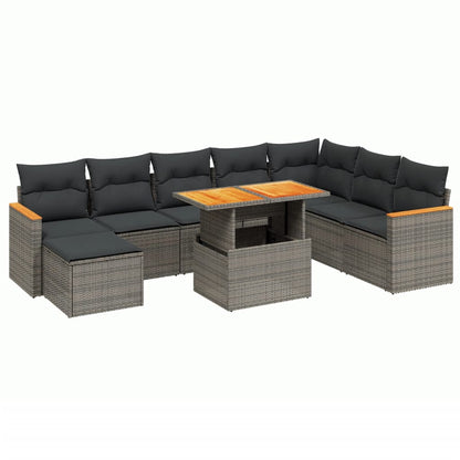 9-tlg. Garten-Sofagarnitur mit Kissen Grau Poly Rattan