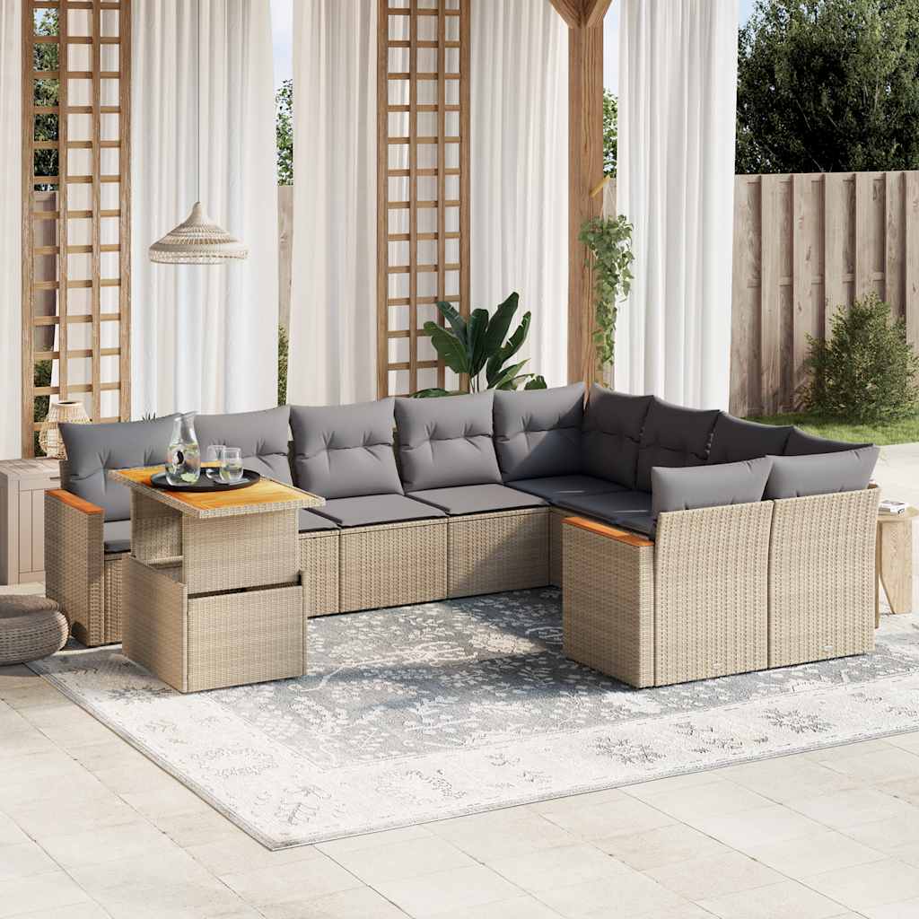 10-tlg. Garten-Sofagarnitur mit Kissen Beige Poly Rattan