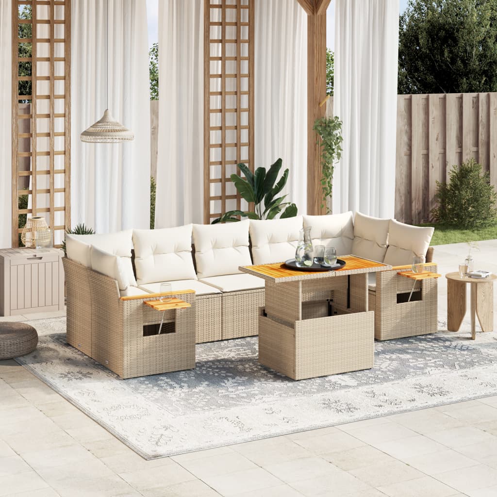 8-tlg. Garten-Sofagarnitur mit Kissen Beige Poly Rattan