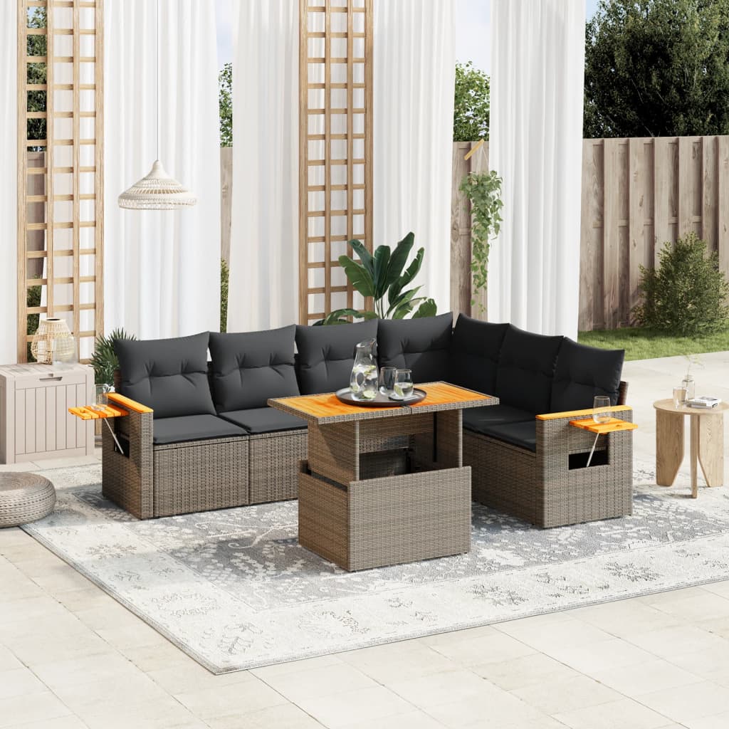 7-tlg. Garten-Sofagarnitur mit Kissen Grau Poly Rattan