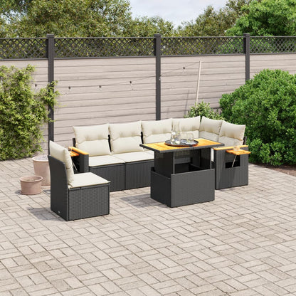 7-tlg. Garten-Sofagarnitur mit Kissen Schwarz Poly Rattan