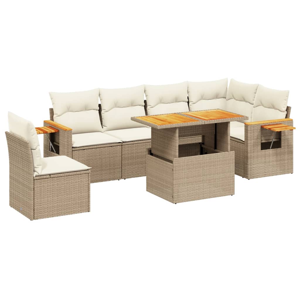 7-tlg. Garten-Sofagarnitur mit Kissen Beige Poly Rattan