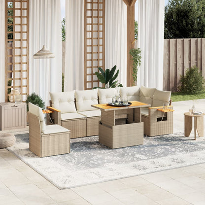 7-tlg. Garten-Sofagarnitur mit Kissen Beige Poly Rattan