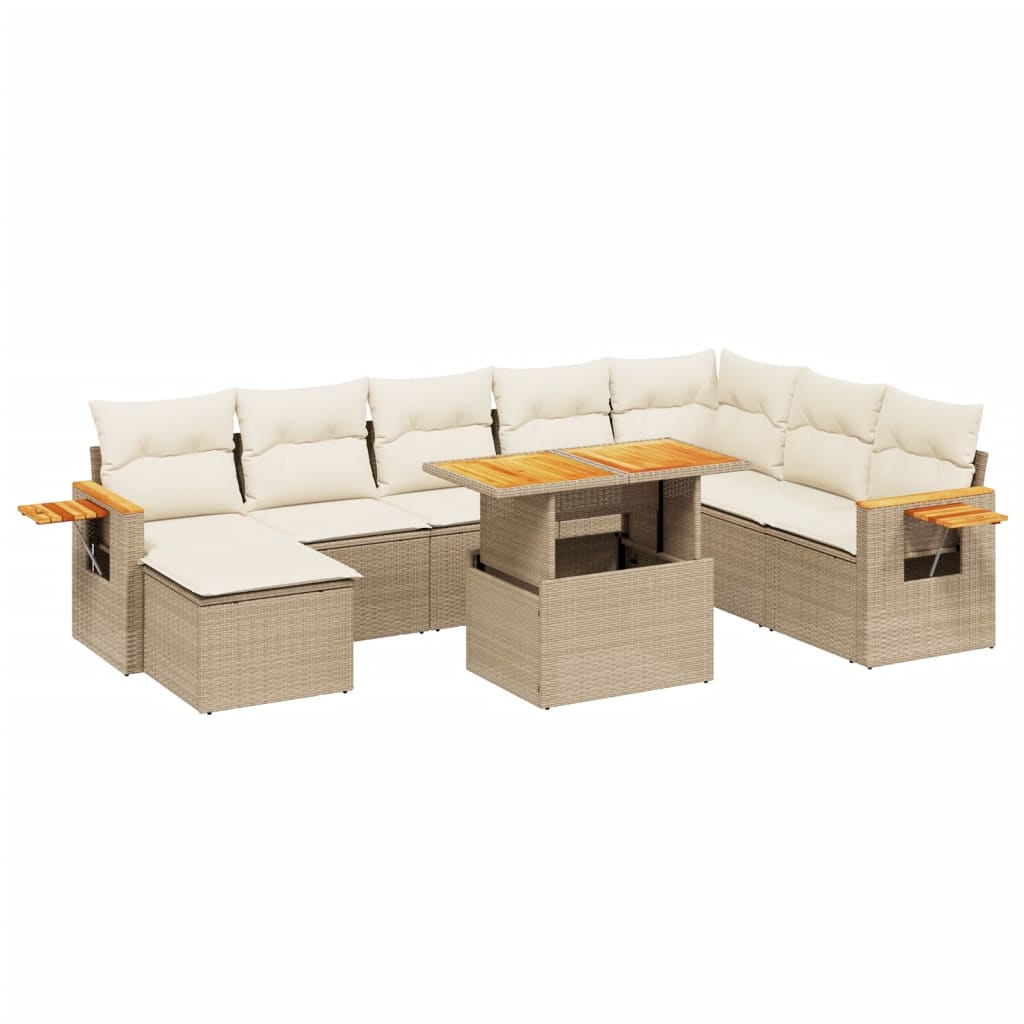9-tlg. Garten-Sofagarnitur mit Kissen Beige Poly Rattan
