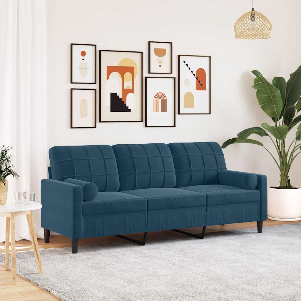3-Sitzer-Sofa mit Zierkissen Blau 180 cm Samt