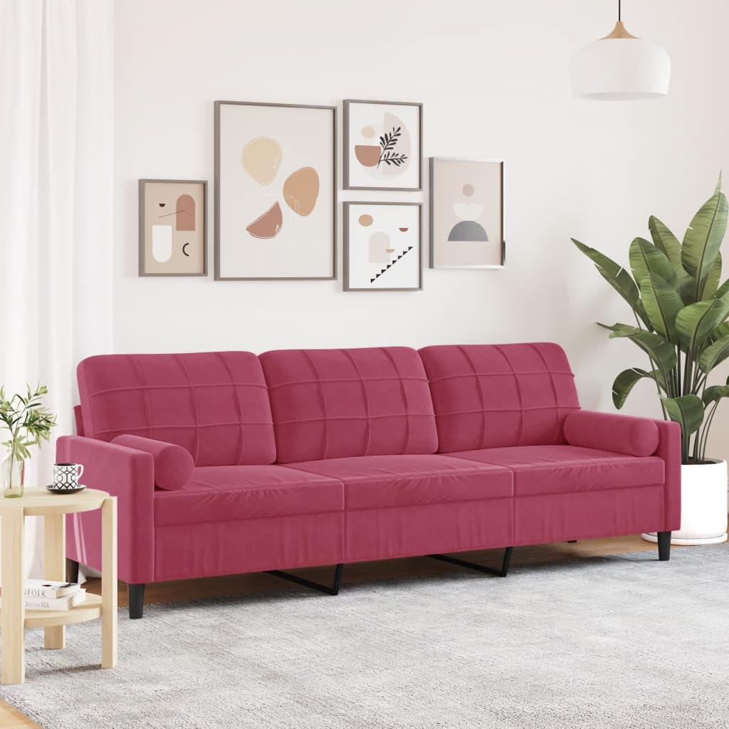 Sofa 3-Sitzer mit Zierkissen Weinrot 210 cm Samt