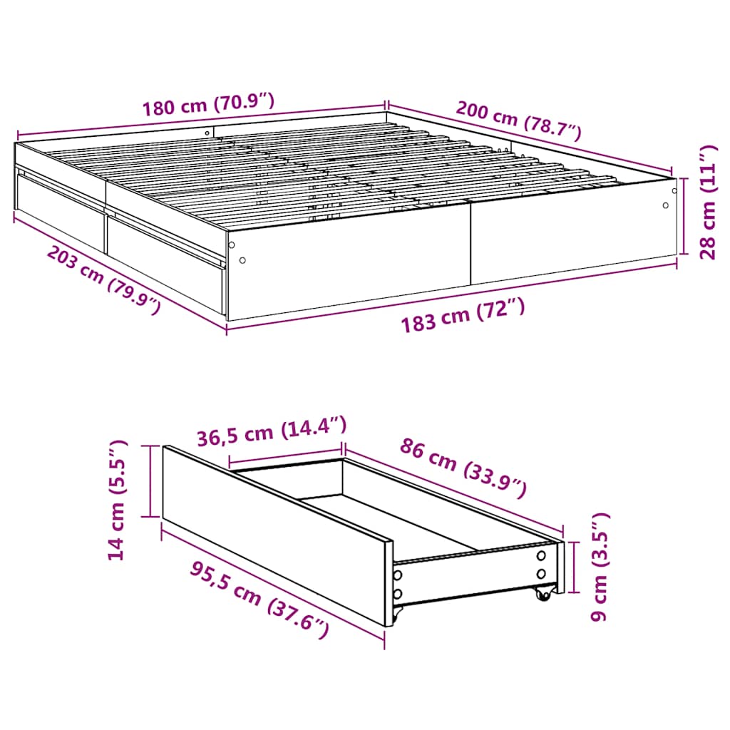 Bettgestell mit Schubladen Grau Sonoma 180x200cm Holzwerkstoff
