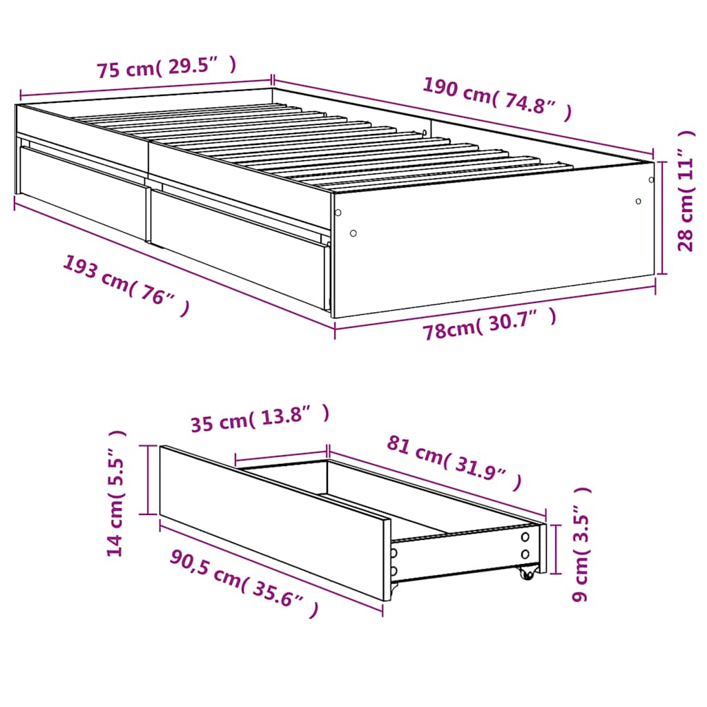 Bettgestell mit Schubladen Weiß 75x190 cm Holzwerkstoff