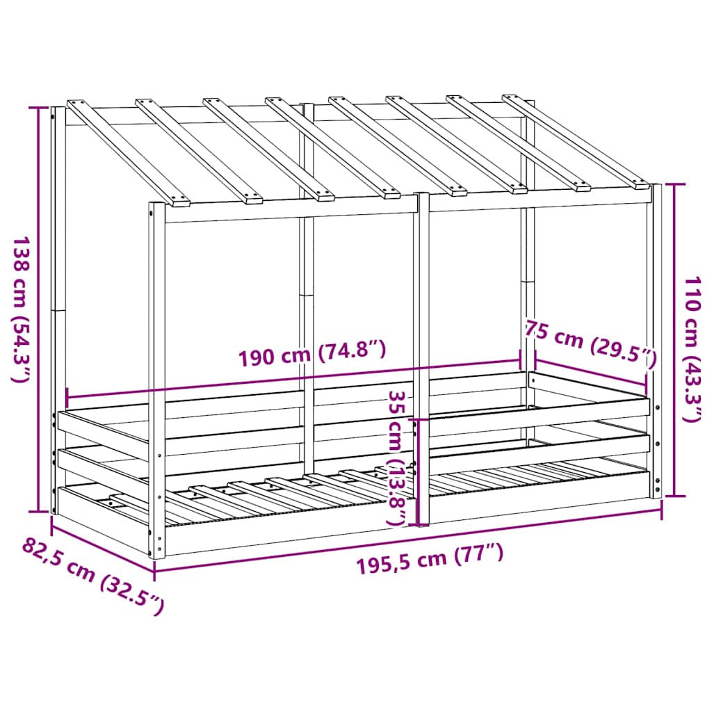 Kinderbett mit Dach 75x190 cm Massivholz Kiefer