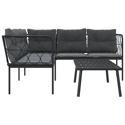 Garten-Sofagarnitur mit Kissen Schwarz Stahl und Textilene