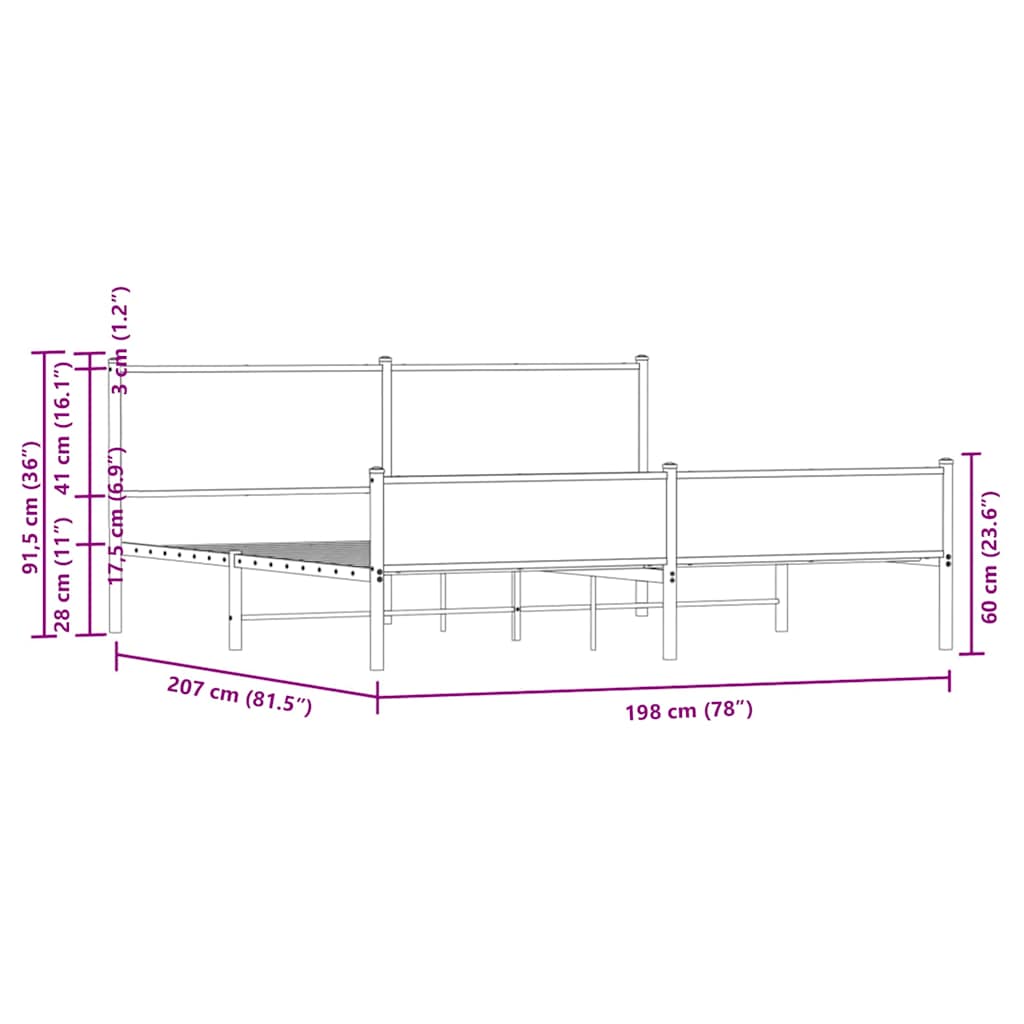 Metallbett ohne Matratze Sonoma-Eiche 193x203 cm