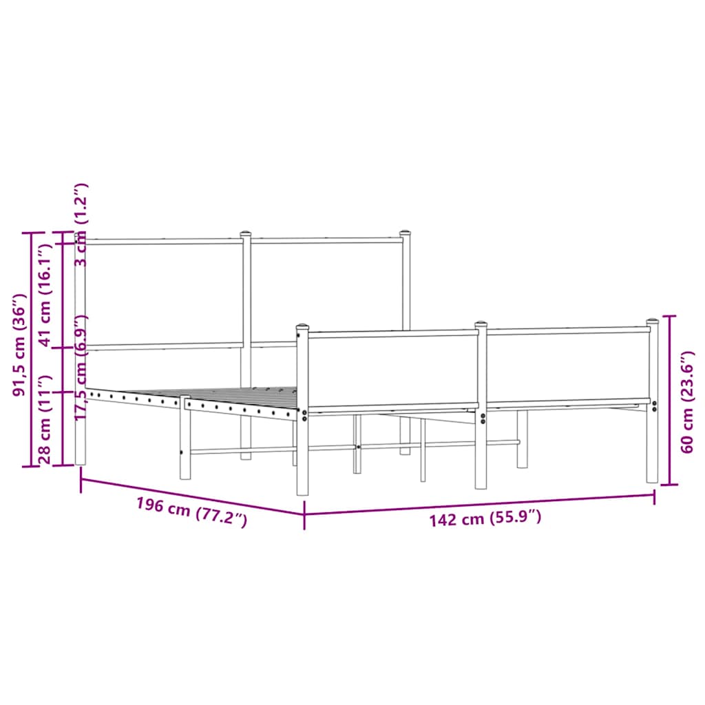 Metallbett ohne Matratze Räuchereiche 137x190 cm