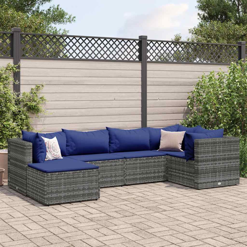6-tlg. Garten-Lounge-Set mit Kissen Grau Poly Rattan