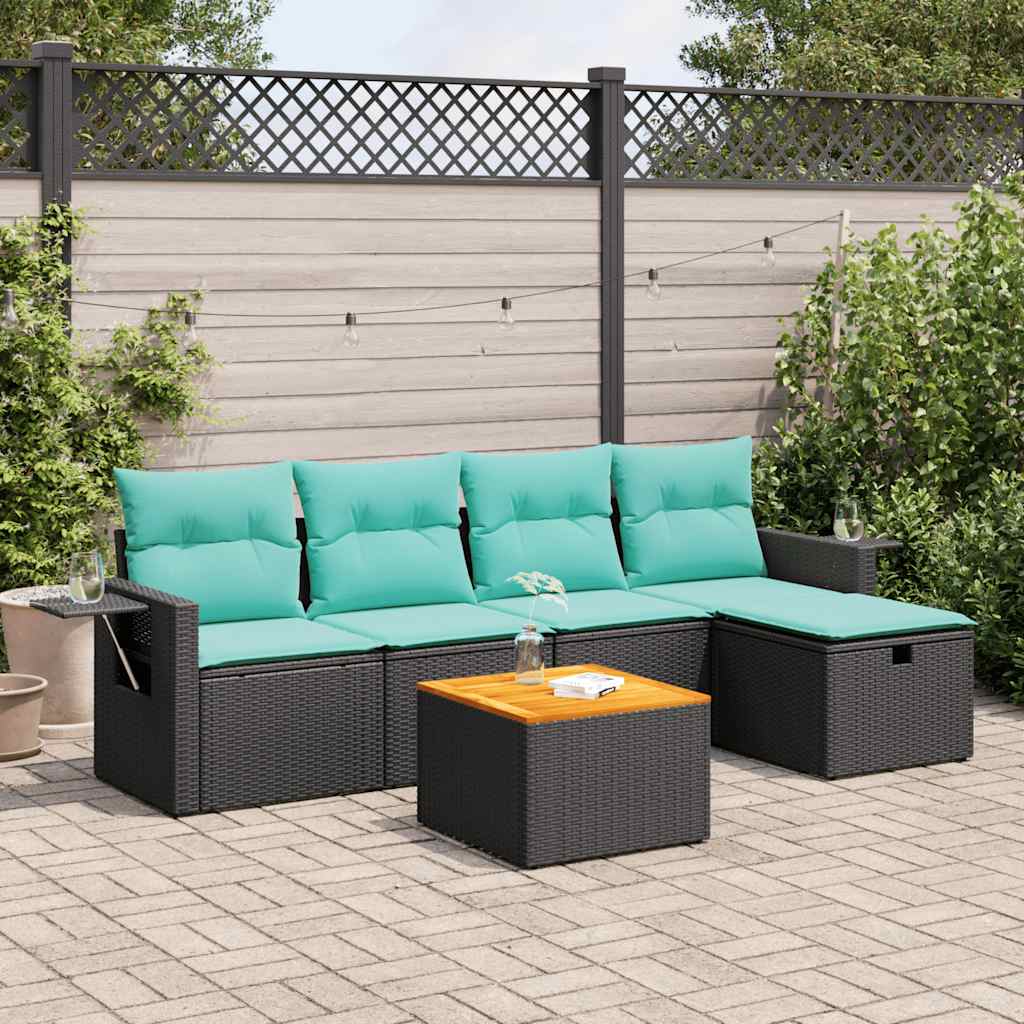 6-tlg. Garten-Sofagarnitur mit Kissen Schwarz Poly Rattan