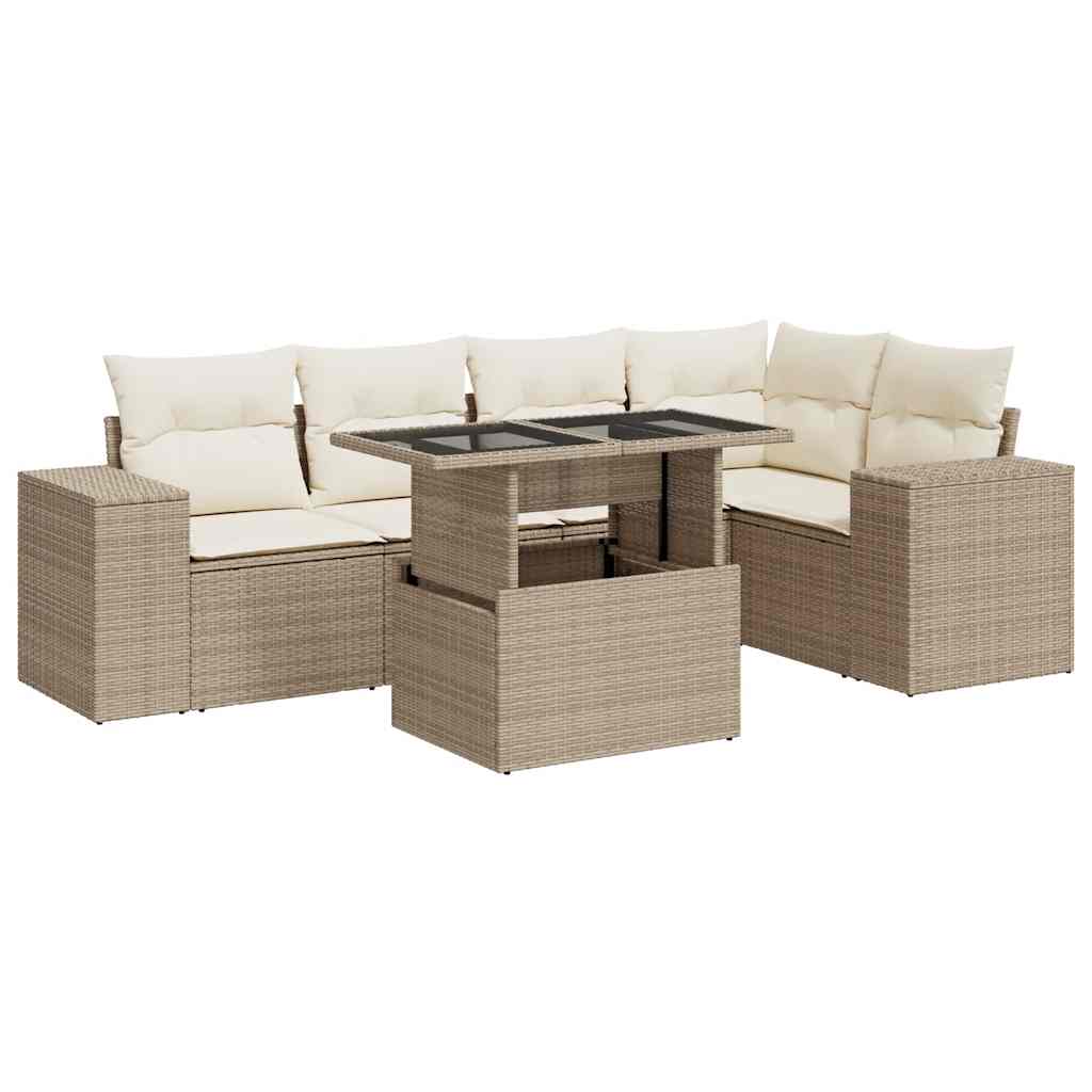 6-tlg. Garten-Sofagarnitur mit Kissen Beige Poly Rattan