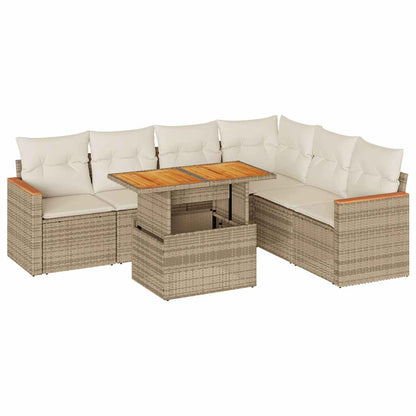 7-tlg. Garten-Sofagarnitur mit Kissen Beige Poly Rattan Akazie